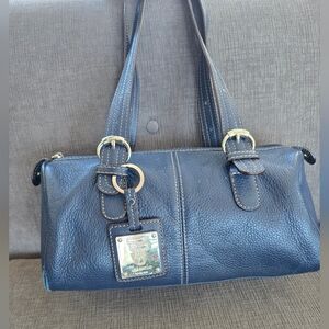 Tignanello Navy Blue Leather Shoulder Bag, Silver Hardware, Adjustable Straps